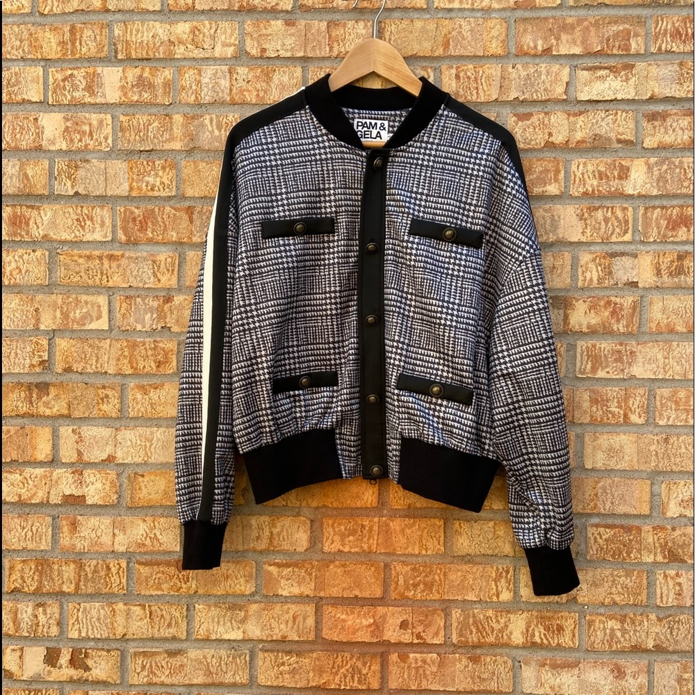 Pam & Gela womens black plaid blouson jacket M/L